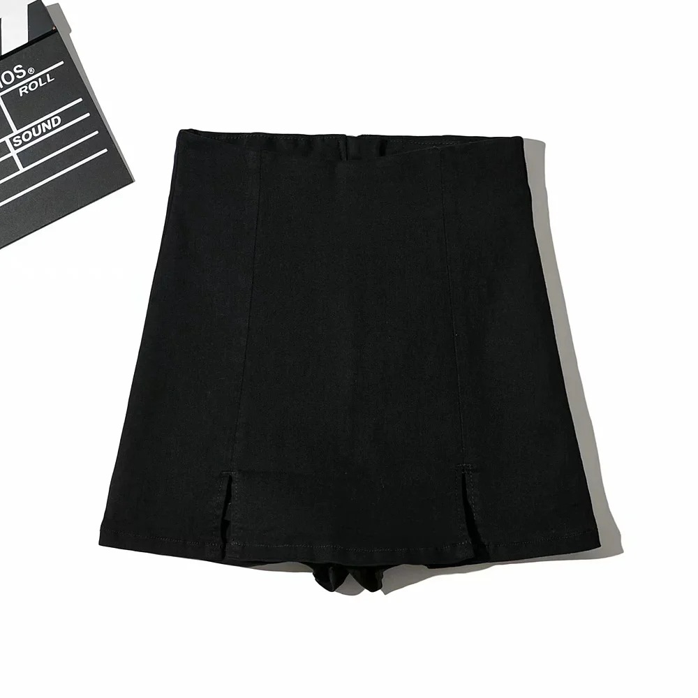 Pantalones de falda de doble abertura de mezclilla elástica con cremallera trasera de cintura alta NSAC14566