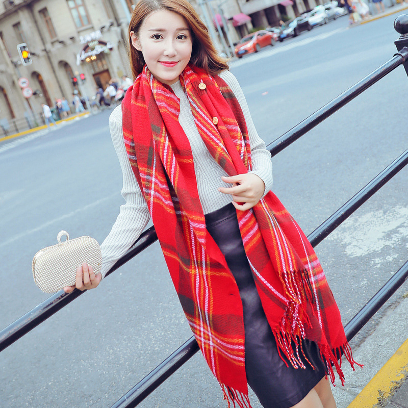 学生纽扣格子双面披肩-66