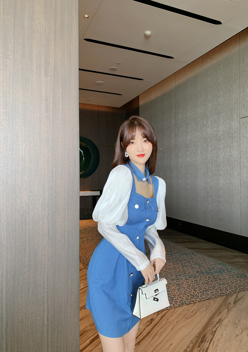 Đầm cổ búp bê tay phồng dáng suông — Màu xanh lam chi tiết 3
