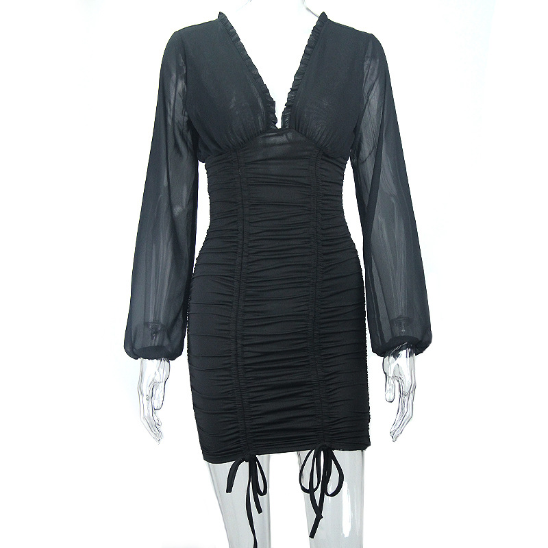 Vestido sexy de malla con cuello en V y cuello en V plisado con cordón ajustable NSAG4675