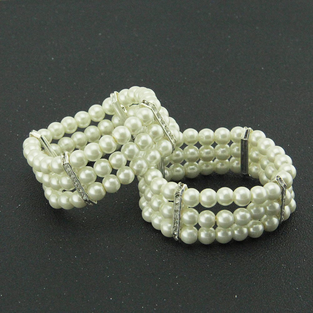 Fashion Personality Diamond-studded Pearl Three-layer Wide Bracelet display picture 2