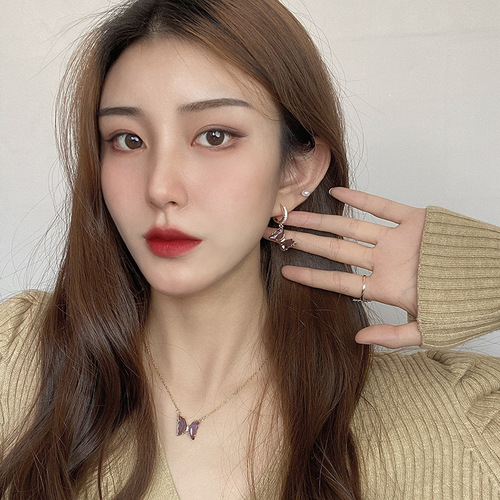 Luxury purple butterfly set ~ high-end sense super fairy ins internet celebrity necklace clavicle chain ring earrings female trend 