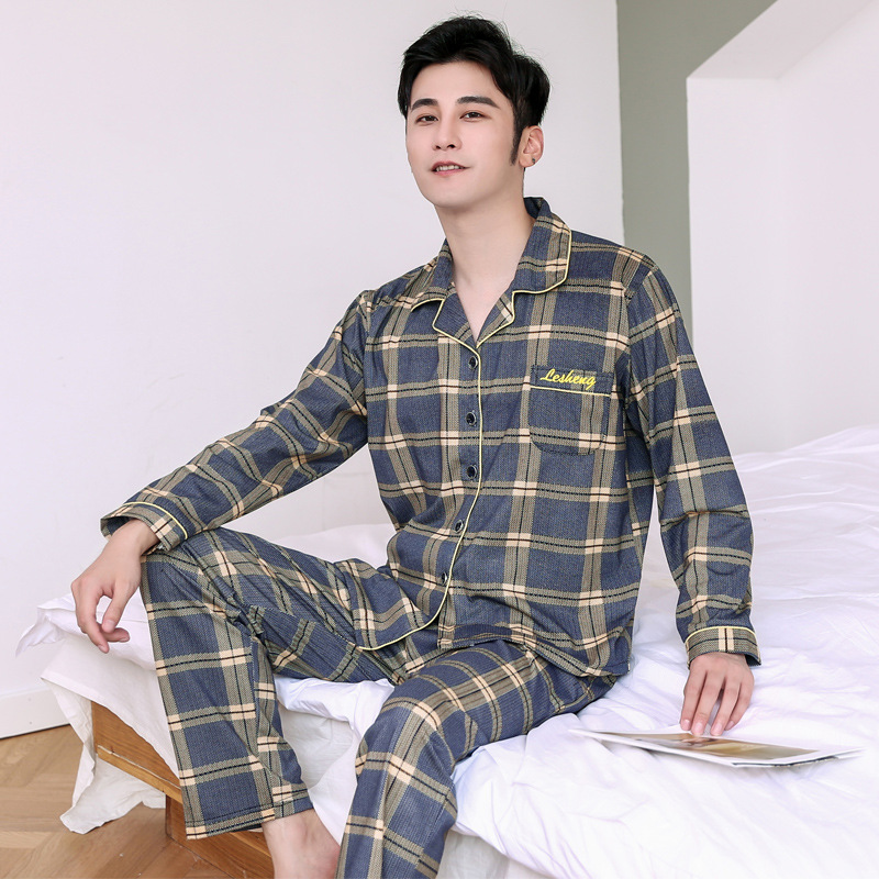 Pijamas hombres de manga larga 100% algodón primavera y otoño pijamas de algodón de los hombres traje de invierno homewear