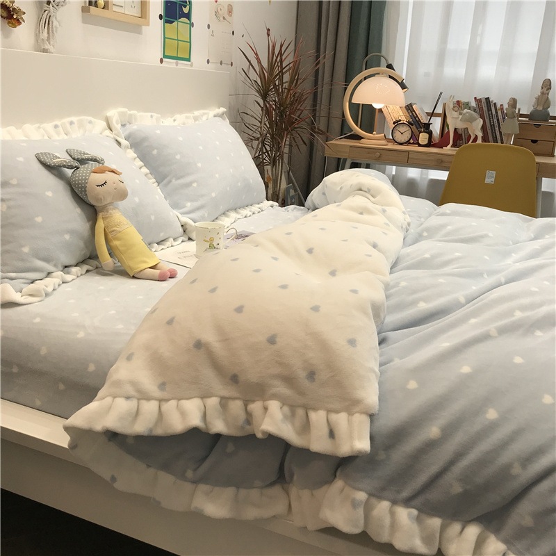 Korean milk velvet four-piece winter coral velvet double flannel thickened bed sheet set girl bedding