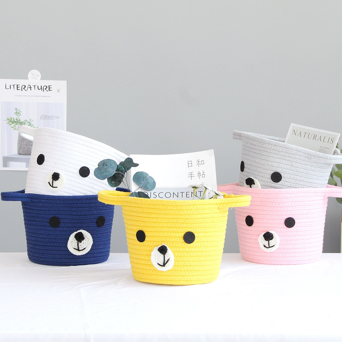 Storage box, woven cute table storage system, storage basket, DIY, with little bears