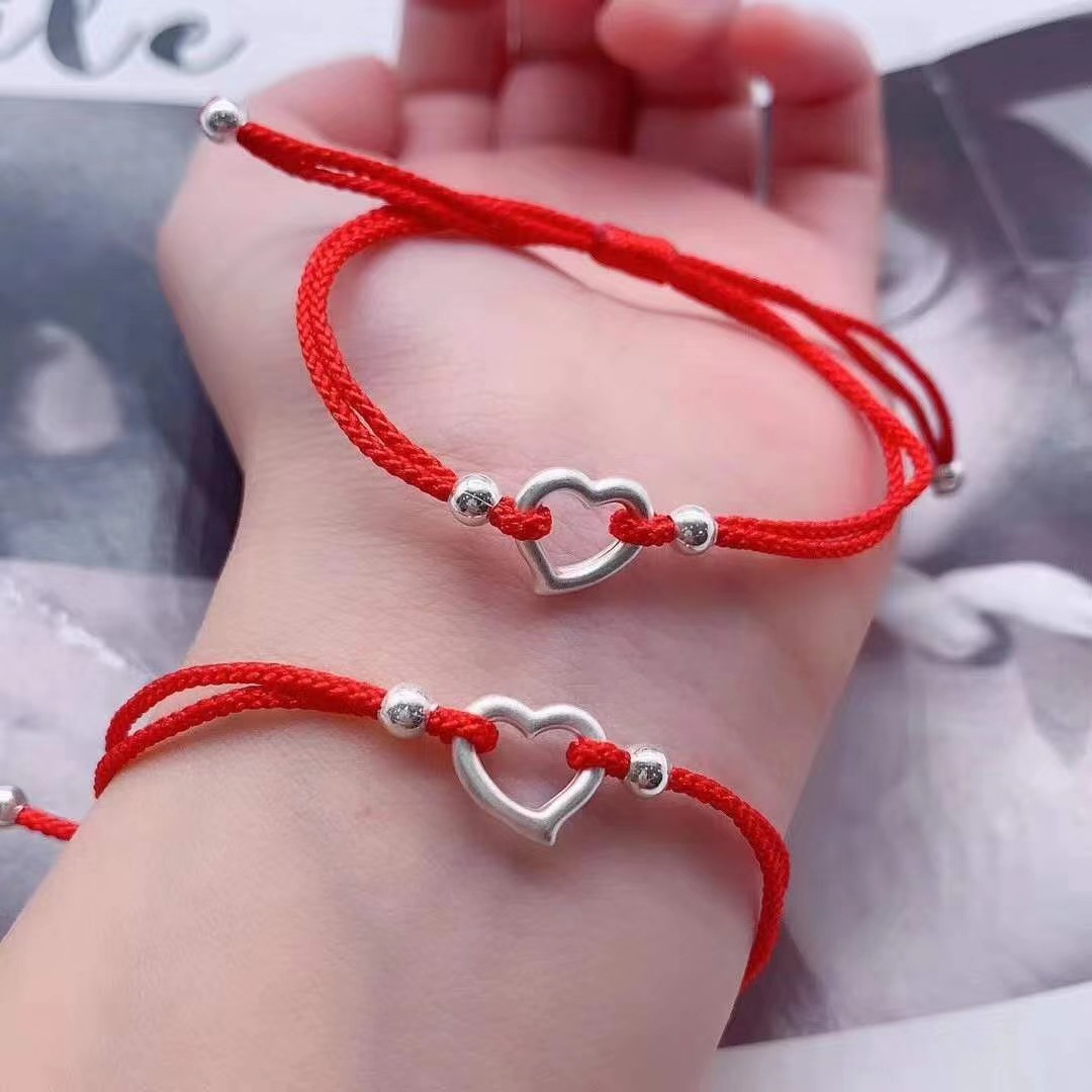 纯银爱心手链 七夕爆款手工编织红绳手链 情人节直播引流礼品