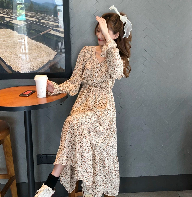 Реальный снимок и реальная цена, очень сказочное платье с длинными рукавами для женщин на осень, корейский стиль, утягивающая талия, шифоновая юбка средней длины с цветочным принтом.