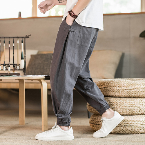 Linen Chinese kung fu pants for men male casual sports pants  breathable cotton linen buckle large size harem bloomers pants