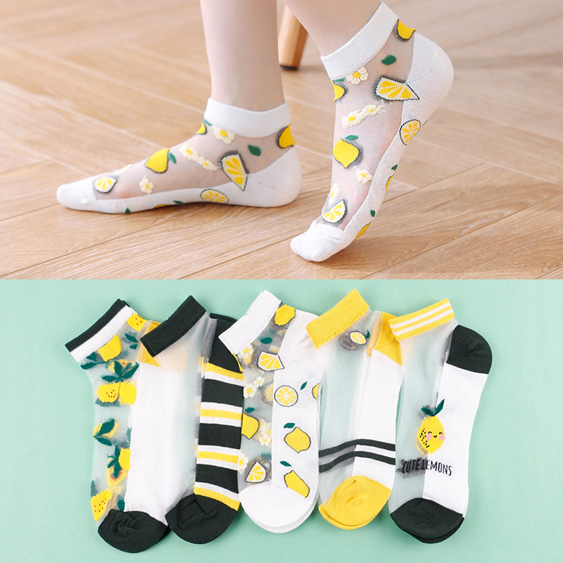 Women's Korean-style summer thin socks transparent crystal stockings cartoon women's cotton bottom stockings ladies boat stockings stockings