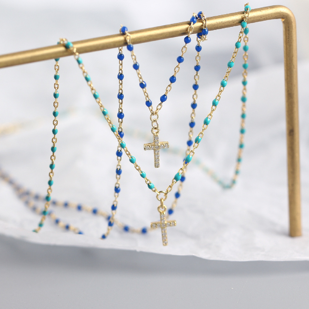 925 Sterling Silver Material Cross Pattern Women'S Gender 925 Sterling Silver Zircon Epoxy Inlay Cross Pendant Necklace