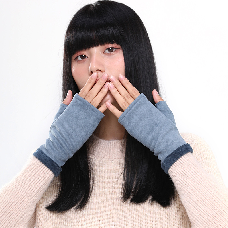 秋冬半指麂皮绒保暖手套女纯色双层韩版手套可爱加绒现货包邮手套