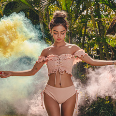 新款游泳衣女性感一字肩抽褶短袖系帶小胸溫泉度假泳裝分體比基尼