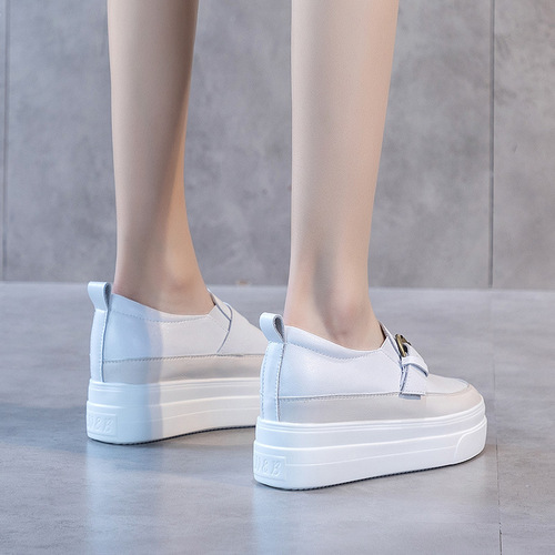 Genuine leather inner height-increasing white shoes for women in spring and autumn new Korean style versatile slim-soled casual sports shoes loafers