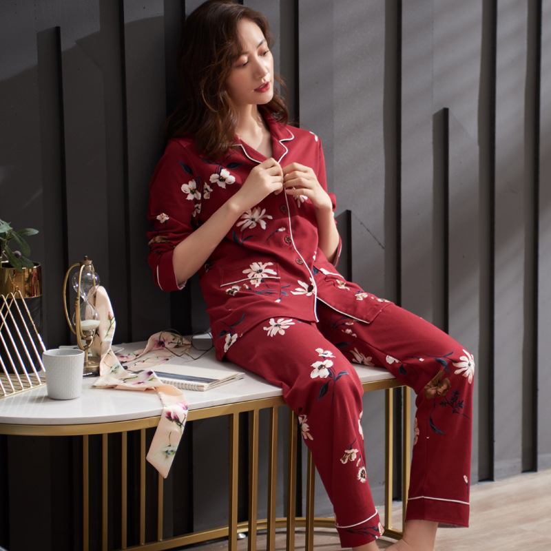 Pijamas otoño mujer primavera y otoño 100% algodón de manga larga algodón estilo coreano mamá de mediana edad Otoño e Invierno traje de uso doméstico de mujer