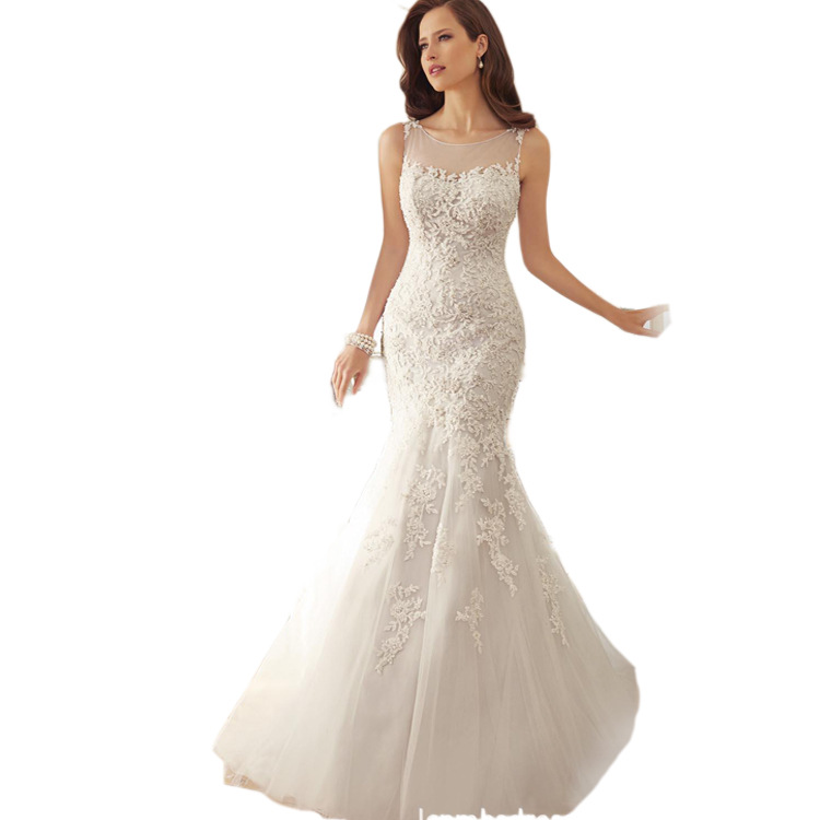 Foreign Trade European and American New Style 2025 High Round Neck Fishtail Slim Fit Hip Sexy Wedding Dress Lace Export Wedding Dress