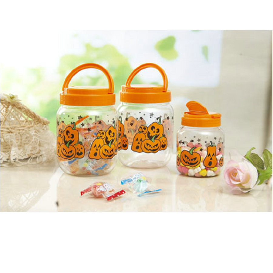 热销圣诞节万圣节糖果罐550ML圆形包装罐透明PET提手酱菜罐