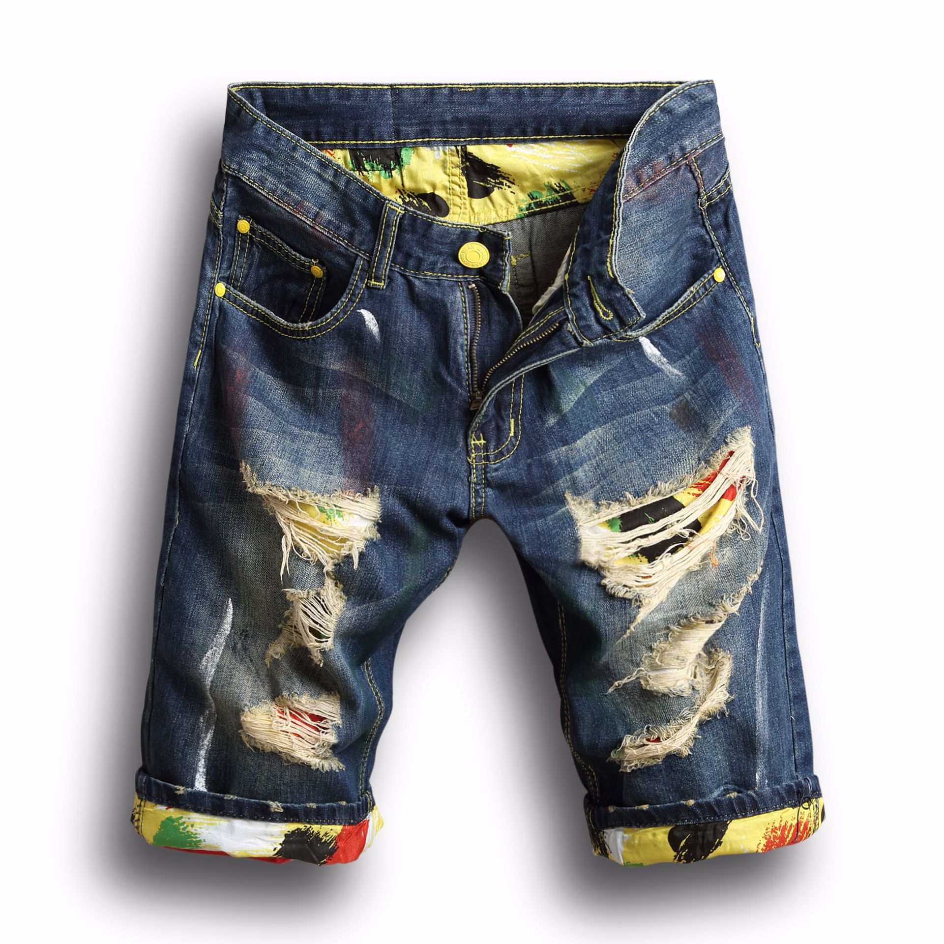 trendy men's clothing ,Summer torn denim shorts, five piece slim fitting straight leg pants_voghion.com