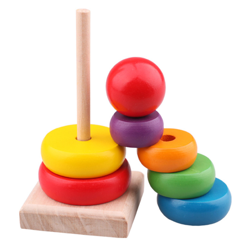 Wooden Rainbow Tower Stacked High Stacked Music Intelligence Set Tower Ring Wooden Product Children's Early Education Educational Toys