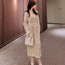 韓版優雅針織長裙女2020冬季新款V領系帶收腰時尚麻花毛衣連衣裙