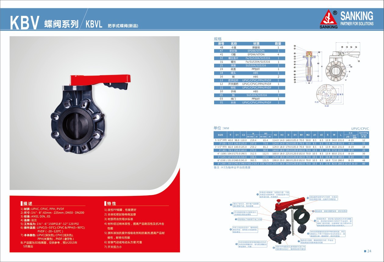 台湾三厘UPVC/CPVC/PPH/PVDF把手式蝶阀 塑料手动蝶阀 手柄式蝶阀