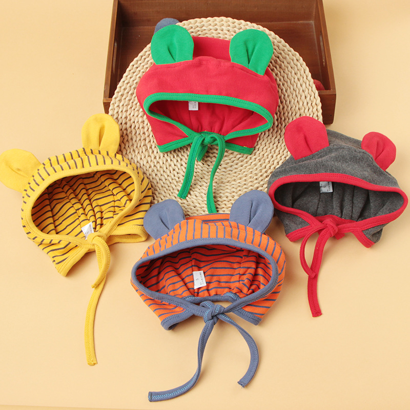 双层2021秋冬季新生婴幼儿帽子可爱棉质儿童套头帽拼色宝宝胎帽萌|ms