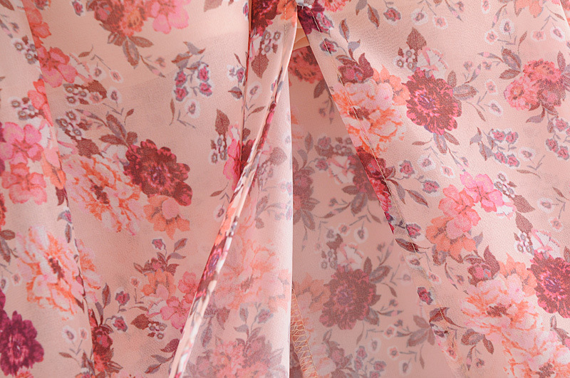 draped puff sleeve floral print chiffon long dress NSAM3601