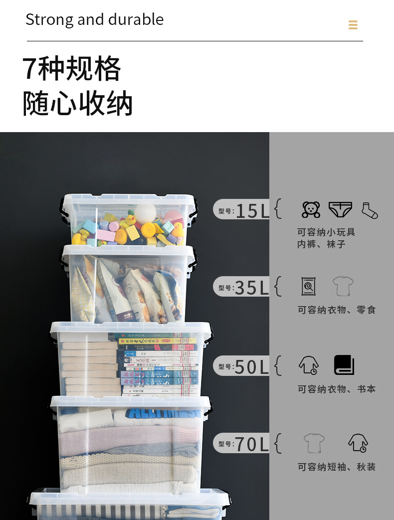 15L-300L特大号透明收纳箱批发加厚储物箱衣服杂物整理箱玩具带轮详情13