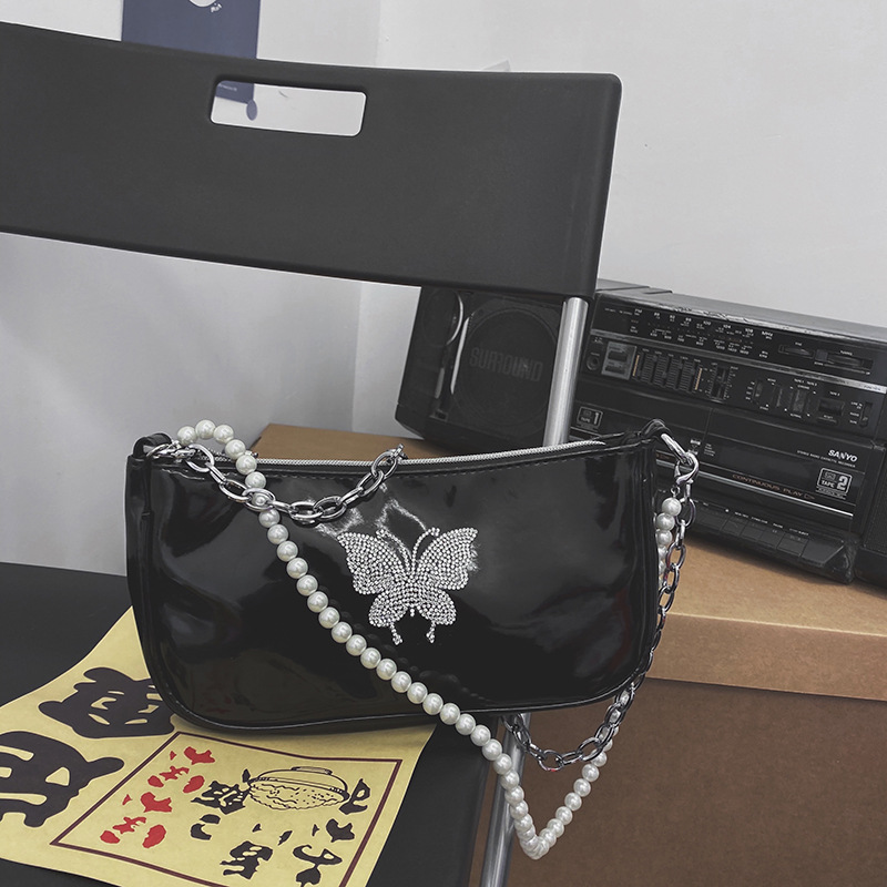小众设计蝴蝶水晶钻珍珠链条复古着可拆卸漆皮单肩斜挎手提腋下包