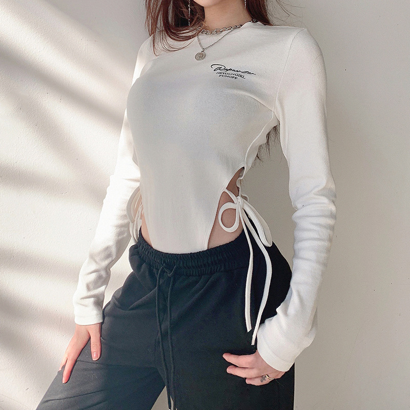 long-sleeved round neck letter print hollow bodysuit  NSSSN119635