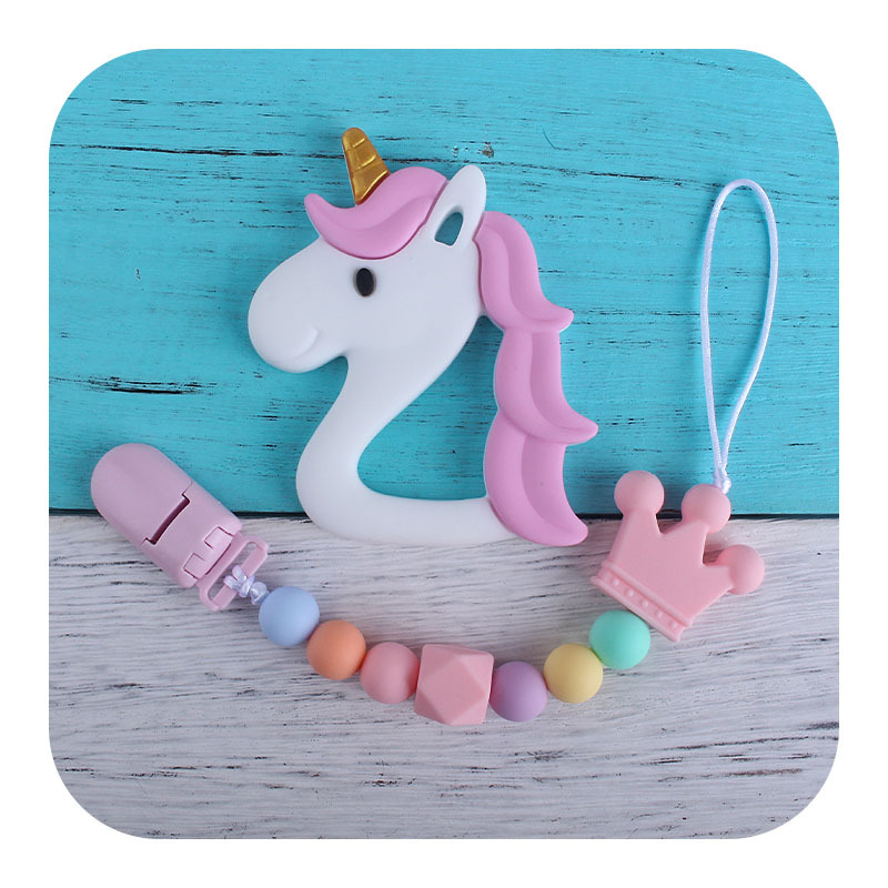 Bebé unicornio mordedor juguete dientes molienda palo corona de silicona chupete cadena anti-gota cadena mordedor traje