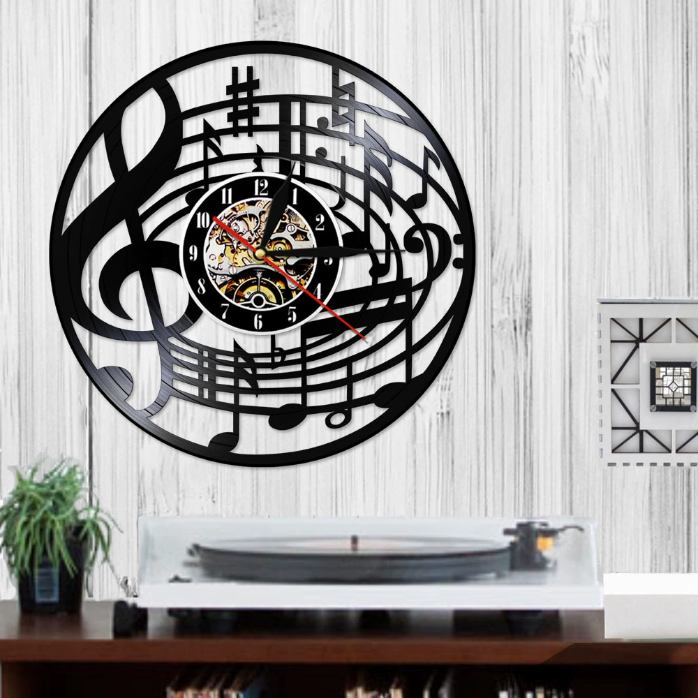 Rock music party notes symbolectic ethylene black glue record clock scanning silent wall clock decoration gift
