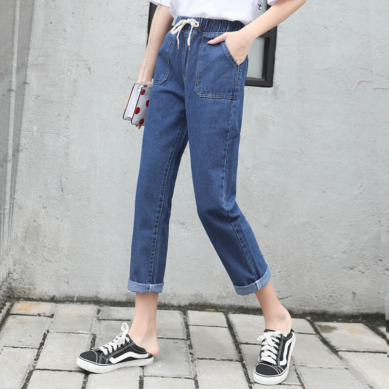 2020牛仔褲女寬松韓版高腰闊腿直筒BF風學生松緊腰哈倫褲子