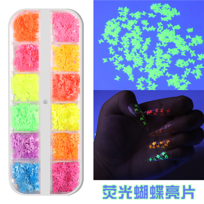Transfronterizo caliente 12-color mezclado lentejuelas de uñas láser Magic Star Butterfly fluorescente DIY decoración de uñas lentejuelas