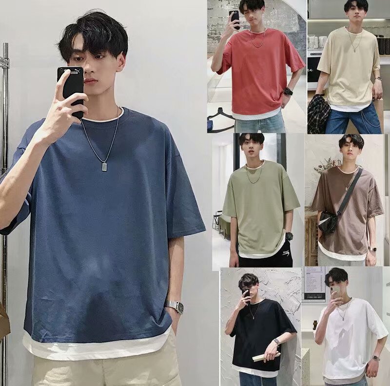 Trendy Summer Solid Color Fake Two-Piece Short-Sleeve T-Shirt for Men, Loose Half-Sleeve Crew Neck Trendy Student T-Shirt, Stylish