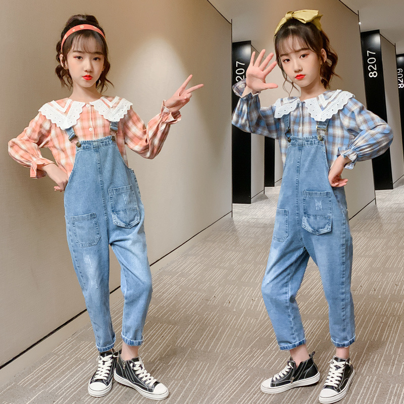 女童百搭格子衬衫两件套洋气2020春秋新款儿中大童牛仔背带裤套装