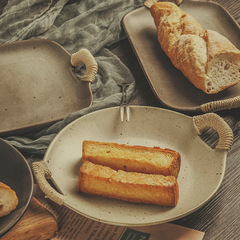 粗陶碟子陶瓷盤子日式餐具家用復古餐盤創意雙耳魚盤菜盤早餐盤