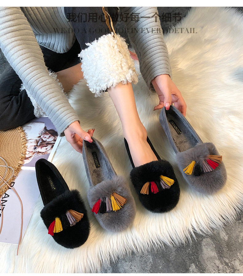 Giày lười nữ lót lông giữ ấm mũi tròn đế bệt — Màu xám, Màu đen chi tiết 12