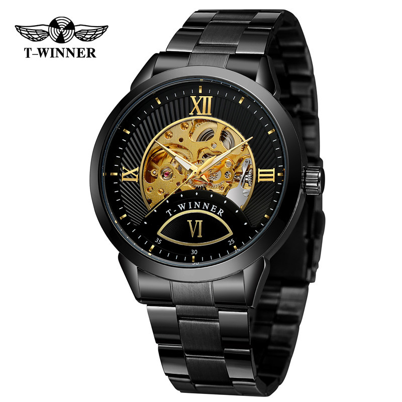 Winner8183 reloj mecánico automático para hombres reloj mecánico de negocios correa de acero reloj mecánico de fondo transparente hueco