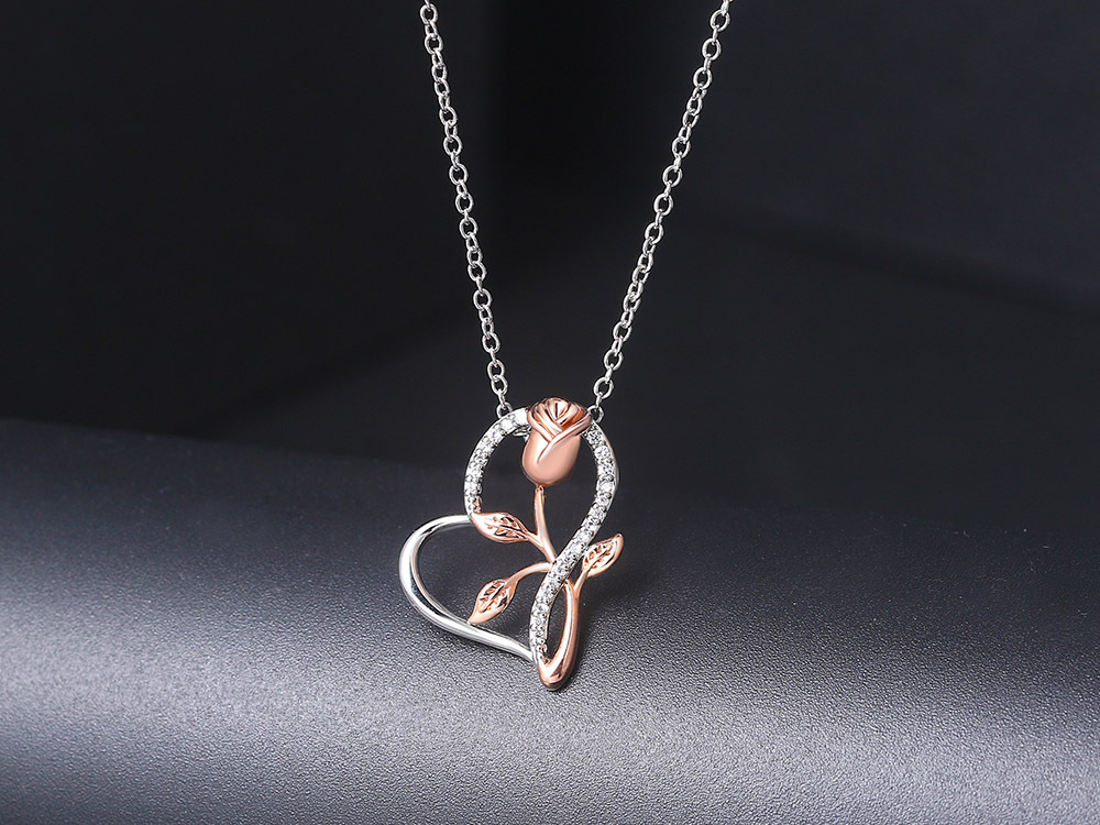 Fashion Heart Shape Rose Copper Inlay Zircon Pendant Necklace 1 Piece