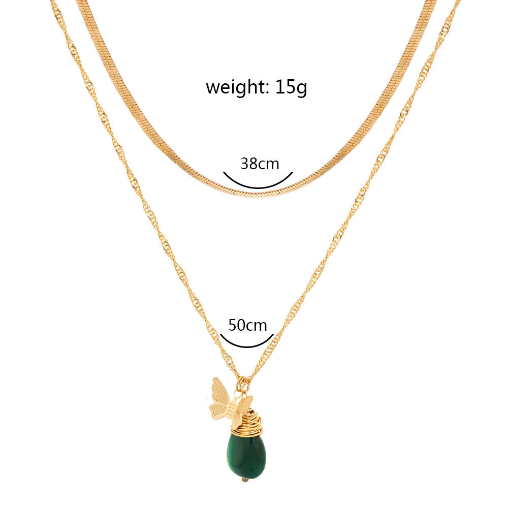 Fashion Handmade Butterfly Green Natural Stone Pendant Multi-layer Necklace display picture 1