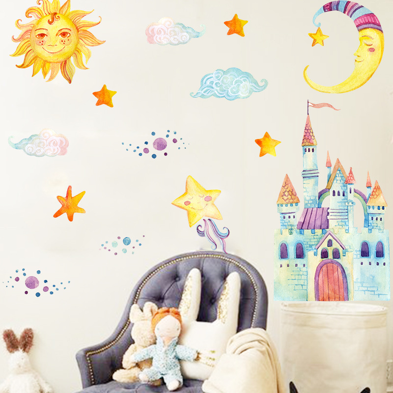 New Watercolor Cartoon Sun Moon Castle Wall Stickers display picture 2