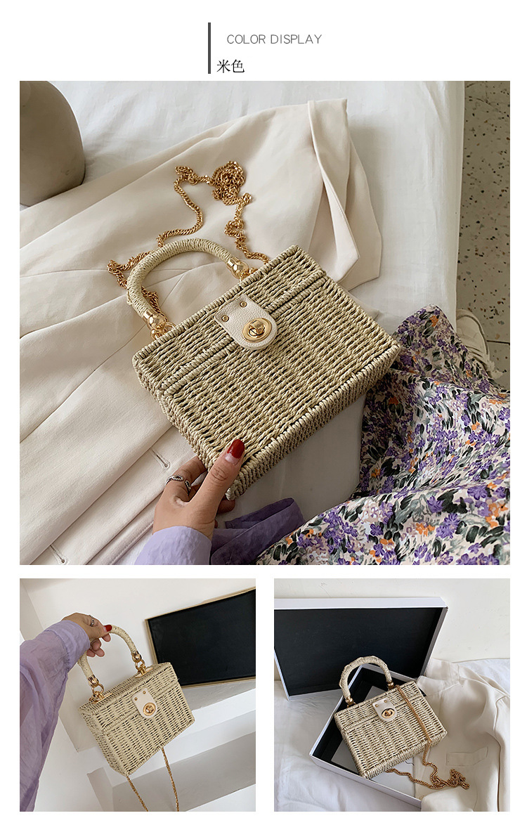 Spring&Summer Season Women's Gender Medium Straw Solid Color Square Buckle Straw Bag