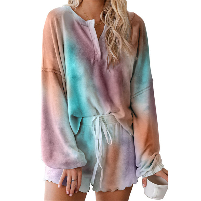 autumn new ladies home wear two-piece tie-dye printing long-sleeved pajamas NSYF1093