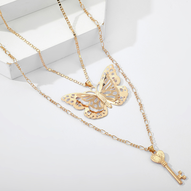 Butterfly Accessories Ladies Simple Butterfly Key Pendant Necklace Door Lock Multi-layer Pendant Sweater Chain Wholesale Nihaojewelry display picture 5