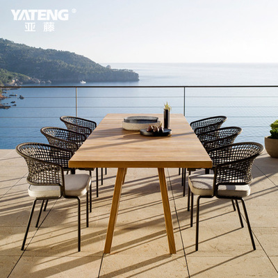 工程定制 藤编户外餐桌椅组合 室外露台花园实木柚木轻奢藤编家具|ru