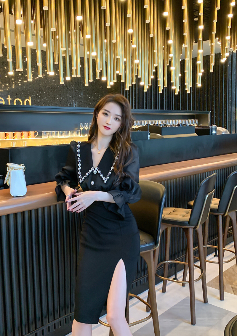 Đầm liền dài tay cổ búp bê xẻ tà ôm eo kiểu Pháp — Màu đen chi tiết 17