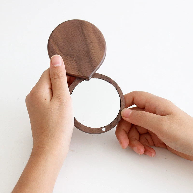Портативное маленькое зеркало из цельного дерева в японском стиле для девочек, ручная кладь для макияжа, дорожное зеркало, маленькое Подарочное карманное мини-зеркало