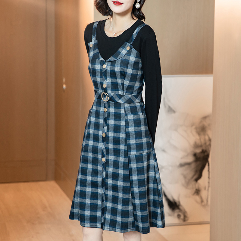 가공 맞춤형 대형 여성 공장 격자 무늬 원피스 가짜 2 지방 MM 허리 슬리밍 약간 뚱뚱한 패션 착용