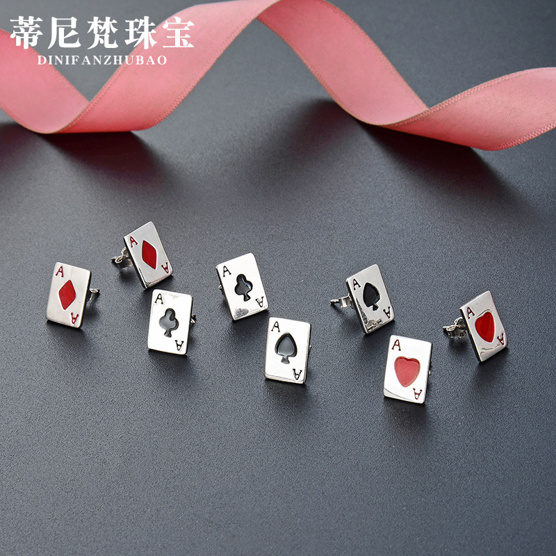 Gota de aceite de color marca s925 pendientes de plata japonés y coreano creativo inconformista poker pendientes femeninos fuente de fábrica al por mayor