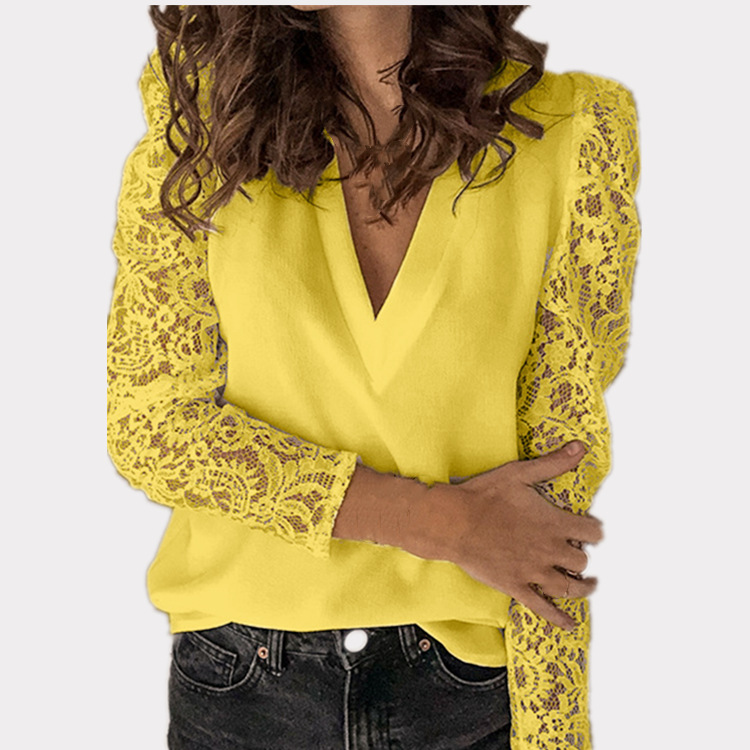 Women's Chiffon Shirt Long Sleeve Blouses Lace Elegant Solid Color display picture 6